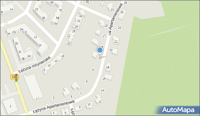 Zielona Góra, Łężyca-Apartamentowa, 13, mapa Zielona Góra