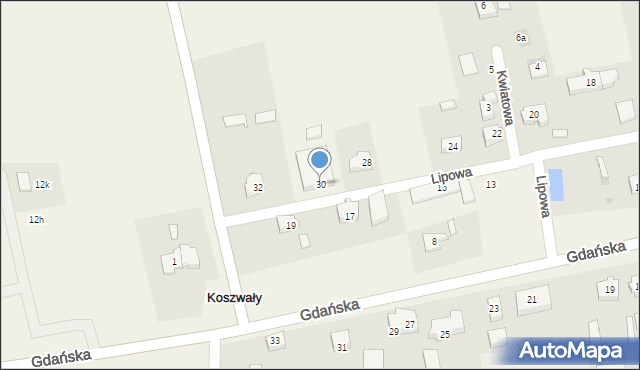 Koszwały, Lipowa, 30, mapa Koszwały