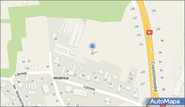 Modlnica, Lipowa, 22, mapa Modlnica