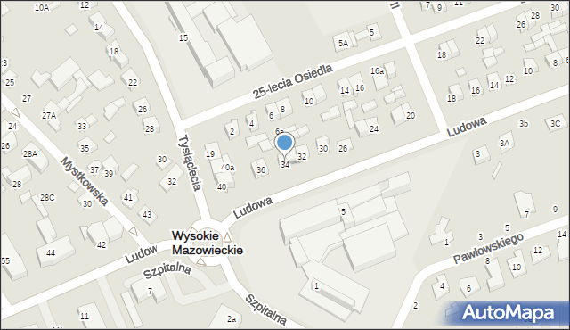 Wysokie Mazowieckie, Ludowa, 34, mapa Wysokie Mazowieckie