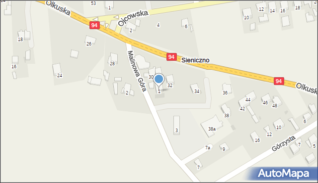 Sieniczno, Malinowa Góra, 1, mapa Sieniczno