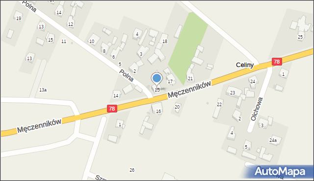 Celiny, Męczenników, 15, mapa Celiny