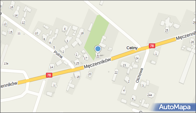 Celiny, Męczenników, 21, mapa Celiny