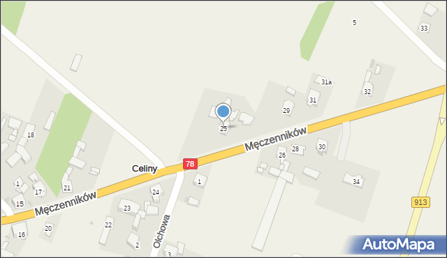 Celiny, Męczenników, 25, mapa Celiny