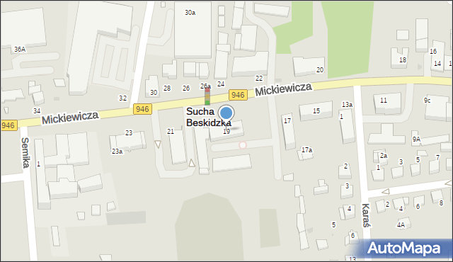 Sucha Beskidzka, Mickiewicza Adama, 19, mapa Sucha Beskidzka