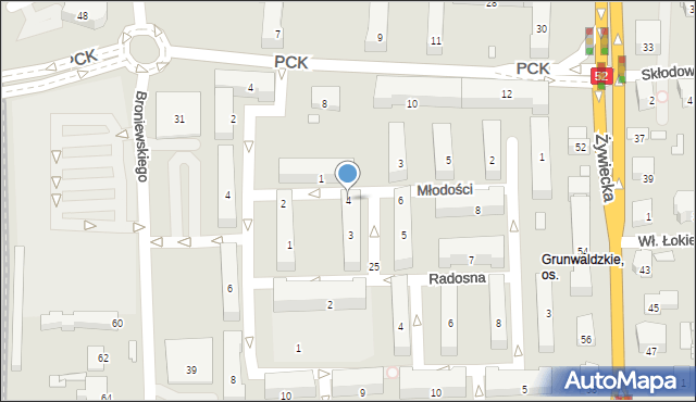 Bielsko-Biała, Młodości, 4, mapa Bielsko-Białej