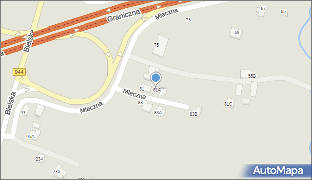 Cieszyn, Mleczna, 81A, mapa Cieszyna