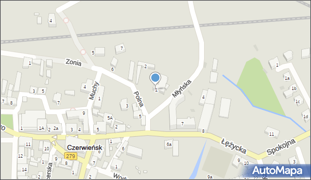 Czerwieńsk, Młyńska, 1, mapa Czerwieńsk