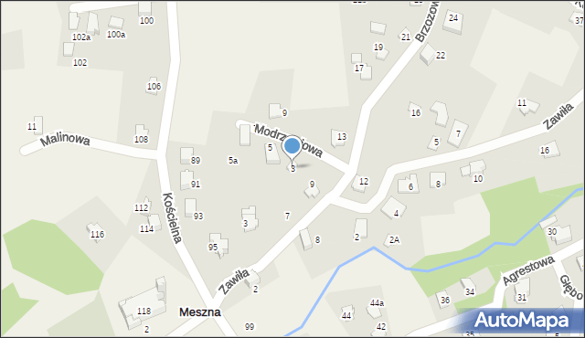 Meszna, Modrzewiowa, 3, mapa Meszna