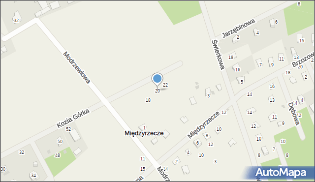 Międzyrzecze, Modrzewiowa, 20, mapa Międzyrzecze