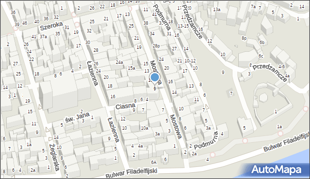 Toruń, Mostowa, 9, mapa Torunia