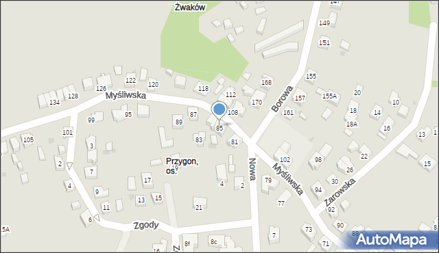 Tychy, Myśliwska, 85, mapa Tychów