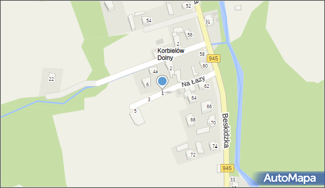 Korbielów, Na Łazy, 1, mapa Korbielów