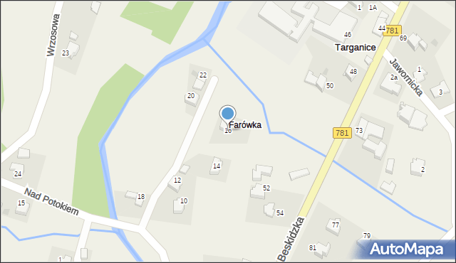 Targanice, Nad Potokiem, 16, mapa Targanice
