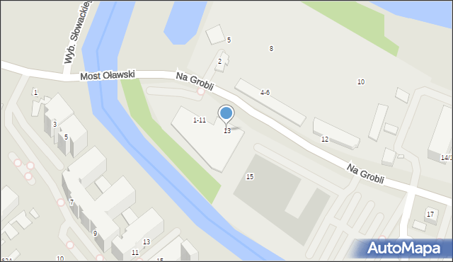 Wrocław, Na Grobli, 13, mapa Wrocławia