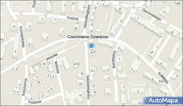 Czechowice-Dziedzice, Niepodległości, 27, mapa Czechowic-Dziedzic