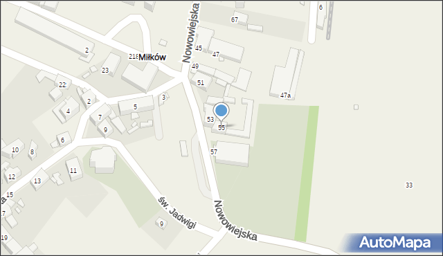 Miłków, Nowowiejska, 55, mapa Miłków