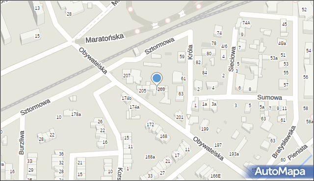 Łódź, Obywatelska, 203/203a, mapa Łodzi