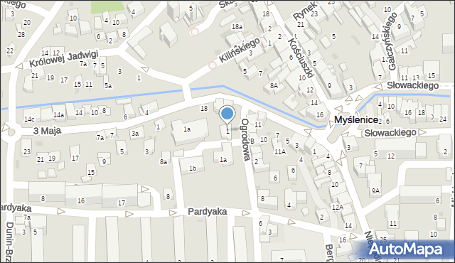 Myślenice, Ogrodowa, 1, mapa Myślenice