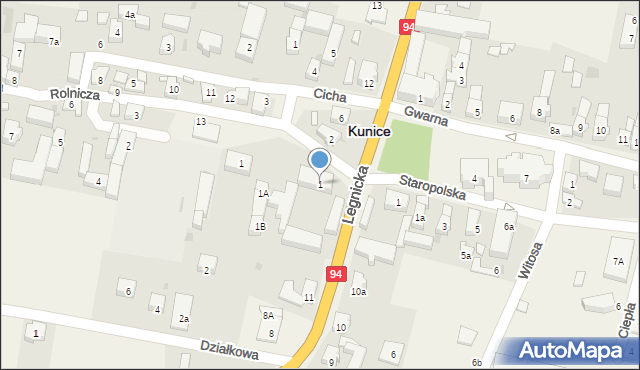 Kunice, Okrężna, 1, mapa Kunice