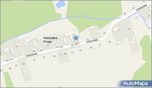 Niedziałka Druga, Olszowa, 28, mapa Niedziałka Druga