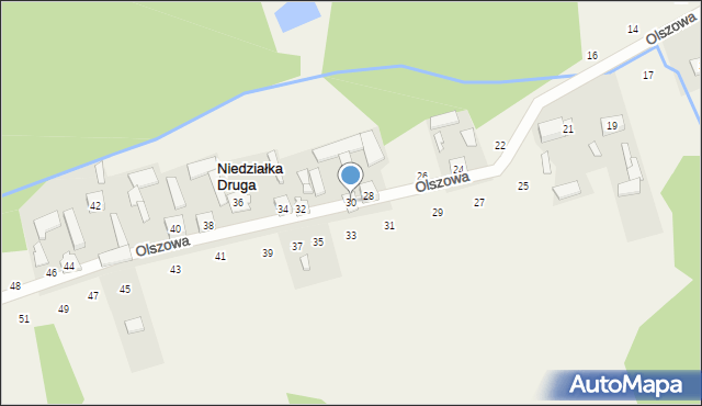 Niedziałka Druga, Olszowa, 30, mapa Niedziałka Druga