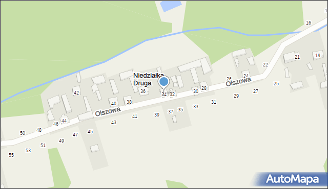 Niedziałka Druga, Olszowa, 34, mapa Niedziałka Druga