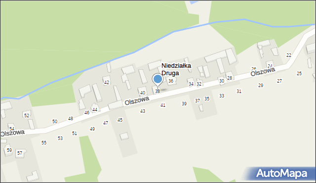 Niedziałka Druga, Olszowa, 38, mapa Niedziałka Druga