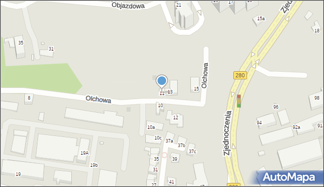Zielona Góra, Olchowa, 11, mapa Zielona Góra