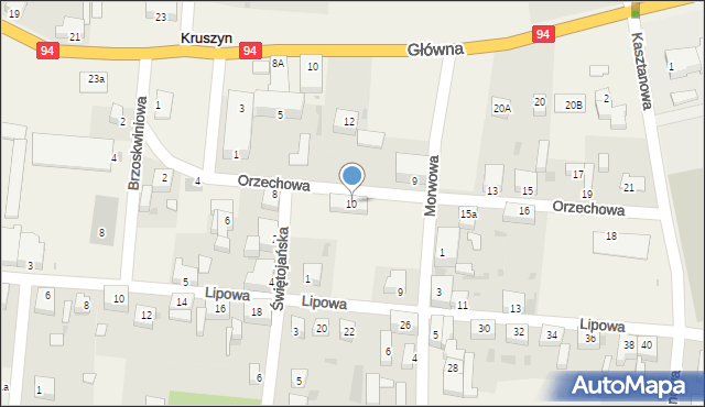 Kruszyn, Orzechowa, 10, mapa Kruszyn