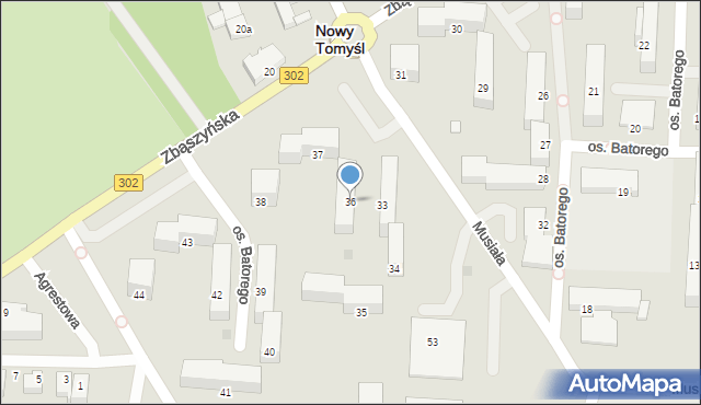 Nowy Tomyśl, Osiedle Stefana Batorego, 36, mapa Nowy Tomyśl