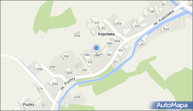 Ochotnica Górna, Osiedle Puchry, 308a, mapa Ochotnica Górna