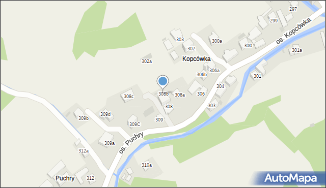 Ochotnica Górna, Osiedle Puchry, 308b, mapa Ochotnica Górna