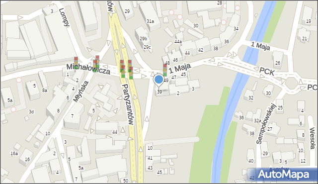 Bielsko-Biała, Partyzantów, 39, mapa Bielsko-Białej