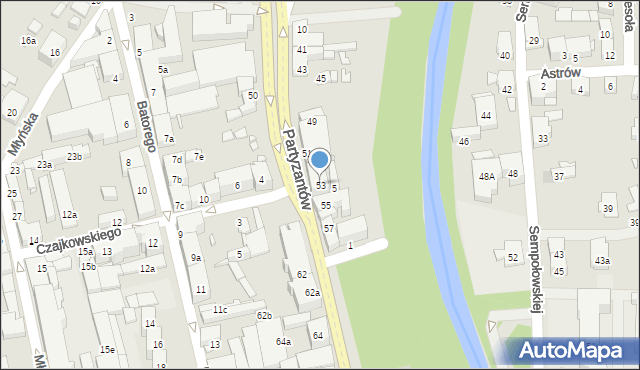 Bielsko-Biała, Partyzantów, 53, mapa Bielsko-Białej