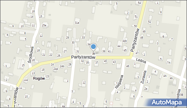 Rogów, Partyzantów, 36, mapa Rogów