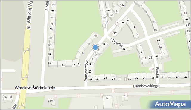 Wrocław, Partyzantów, 1A, mapa Wrocławia