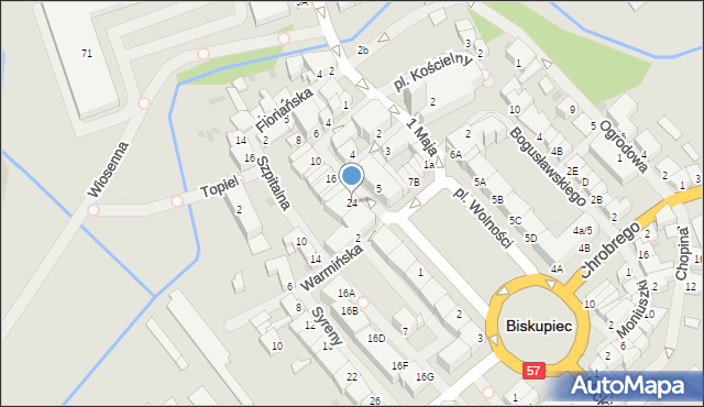 Biskupiec, Pionierów, 24, mapa Biskupiec