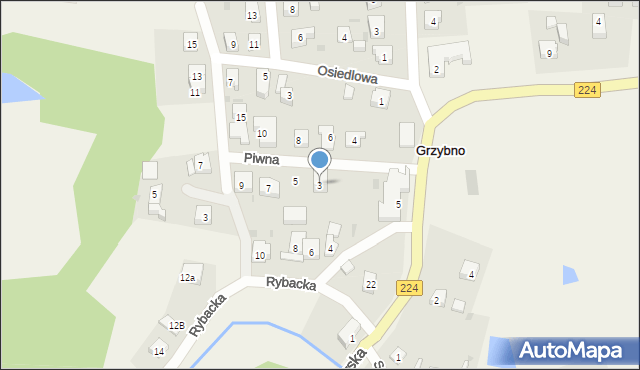 Grzybno, Piwna, 3, mapa Grzybno