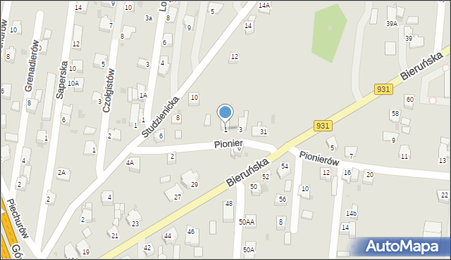 Pszczyna, Pionierów, 1, mapa Pszczyny