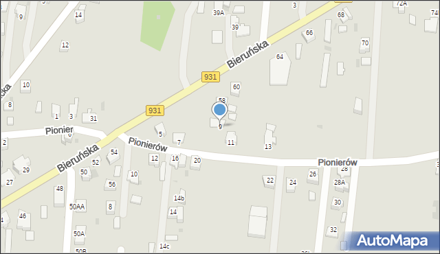 Pszczyna, Pionierów, 9, mapa Pszczyny