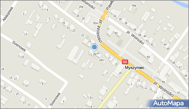 Myszyniec, Plac Wolności, 19, mapa Myszyniec