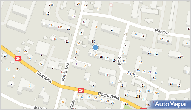 Krosno Odrzańskie, Polskiego Czerwonego Krzyża, 1A, mapa Krosno Odrzańskie