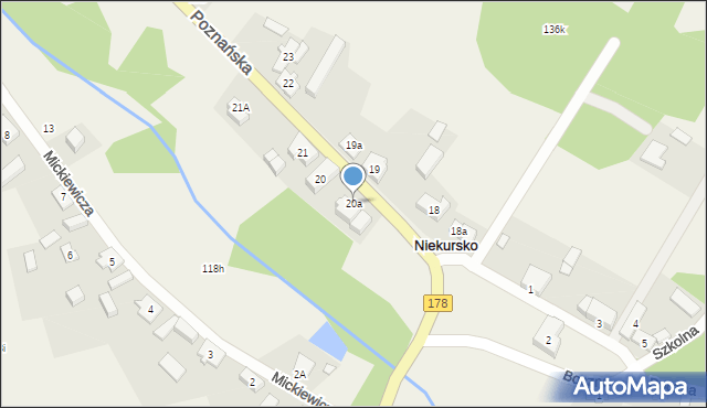 Niekursko, Poznańska, 20a, mapa Niekursko