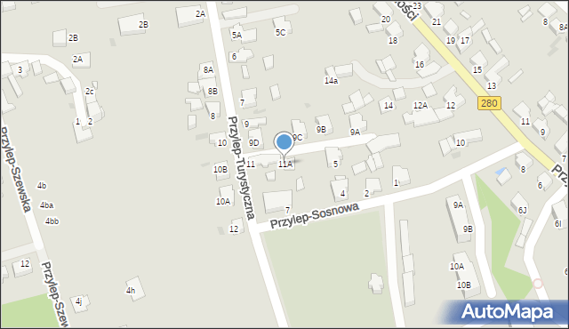 Zielona Góra, Przylep-Turystyczna, 11A, mapa Zielona Góra