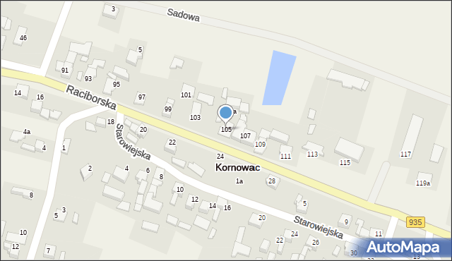 Kornowac, Raciborska, 105, mapa Kornowac