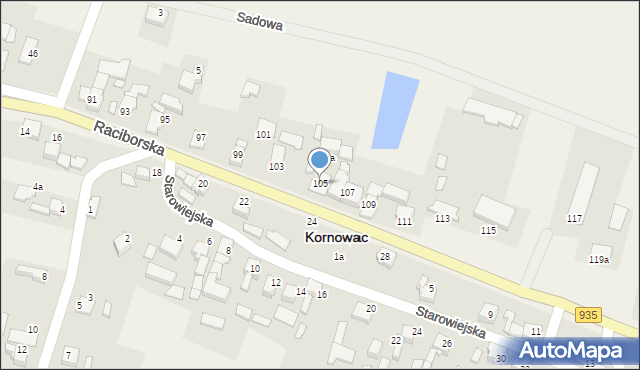 Kornowac, Raciborska, 105, mapa Kornowac