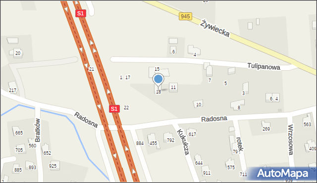 Łodygowice, Radosna, 18, mapa Łodygowice