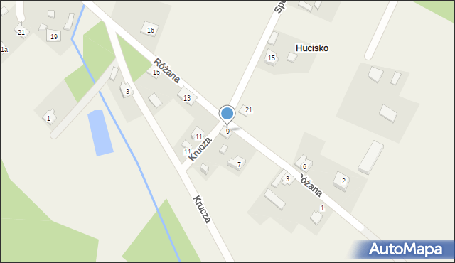 Hucisko, Różana, 9, mapa Hucisko