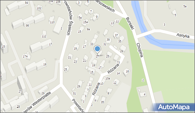 Krosno, Różana, 27, mapa Krosna